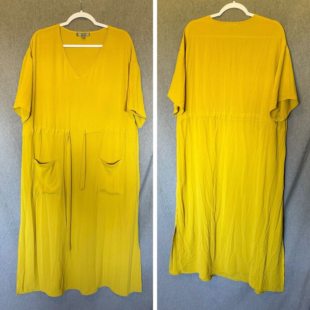 Good Luck Gem Oversized Dress Women's XL Mustard Yellow Tie Front Pockets (0726)